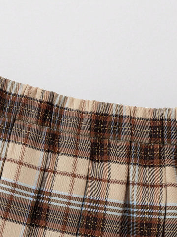 Balabala Girls' Academy Style JK Pleated Skirt Autumn Grid Short Skirt Fashionable Stripe Skirt