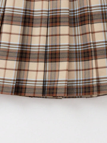 Balabala Girls' Academy Style JK Pleated Skirt Autumn Grid Short Skirt Fashionable Stripe Skirt