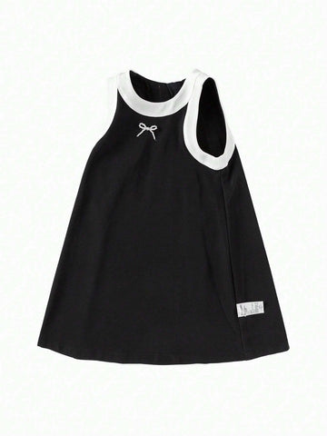 Balabala Girls' Dress Kids' Summer Color Block Patchwork Sleeveless Dress Fashion A-Line Dress With Bowknot
