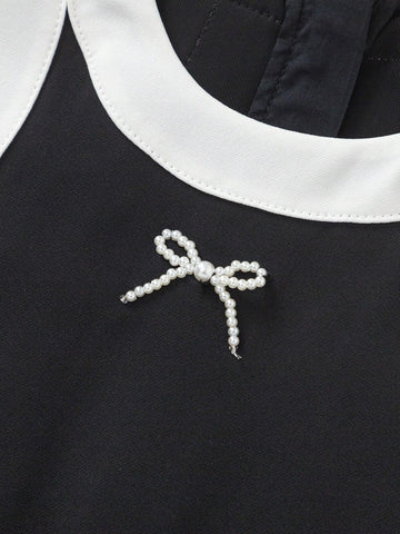 Balabala Girls' Dress Kids' Summer Color Block Patchwork Sleeveless Dress Fashion A-Line Dress With Bowknot