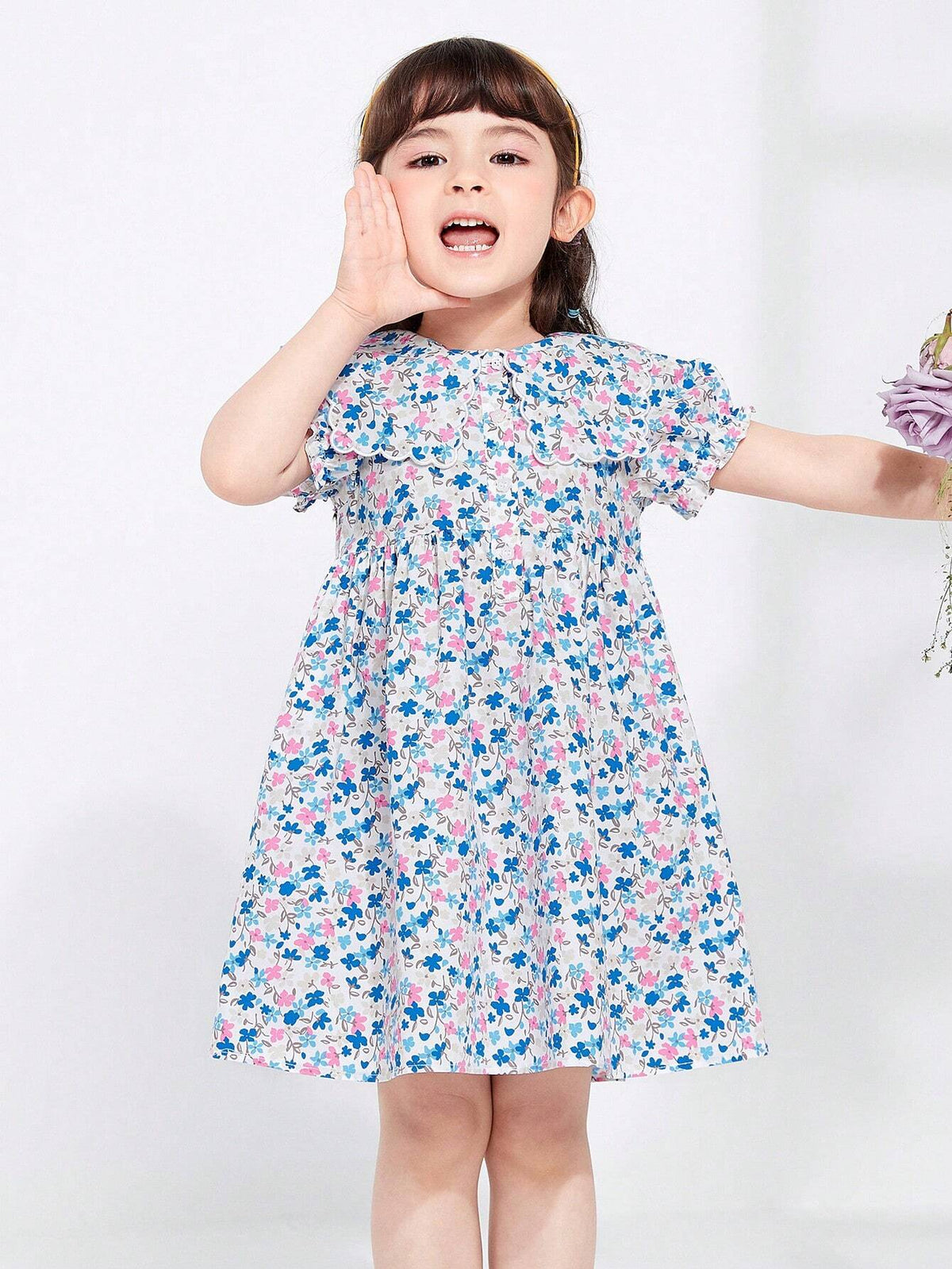 Balabala Girls' Dress Kids' Summer Floral Cotton Collar Dress