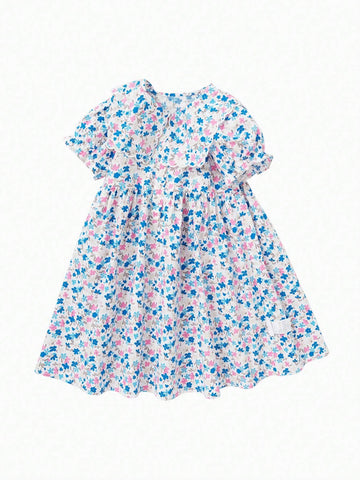 Balabala Girls' Dress Kids' Summer Floral Cotton Collar Dress