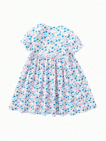 Balabala Girls' Dress Kids' Summer Floral Cotton Collar Dress