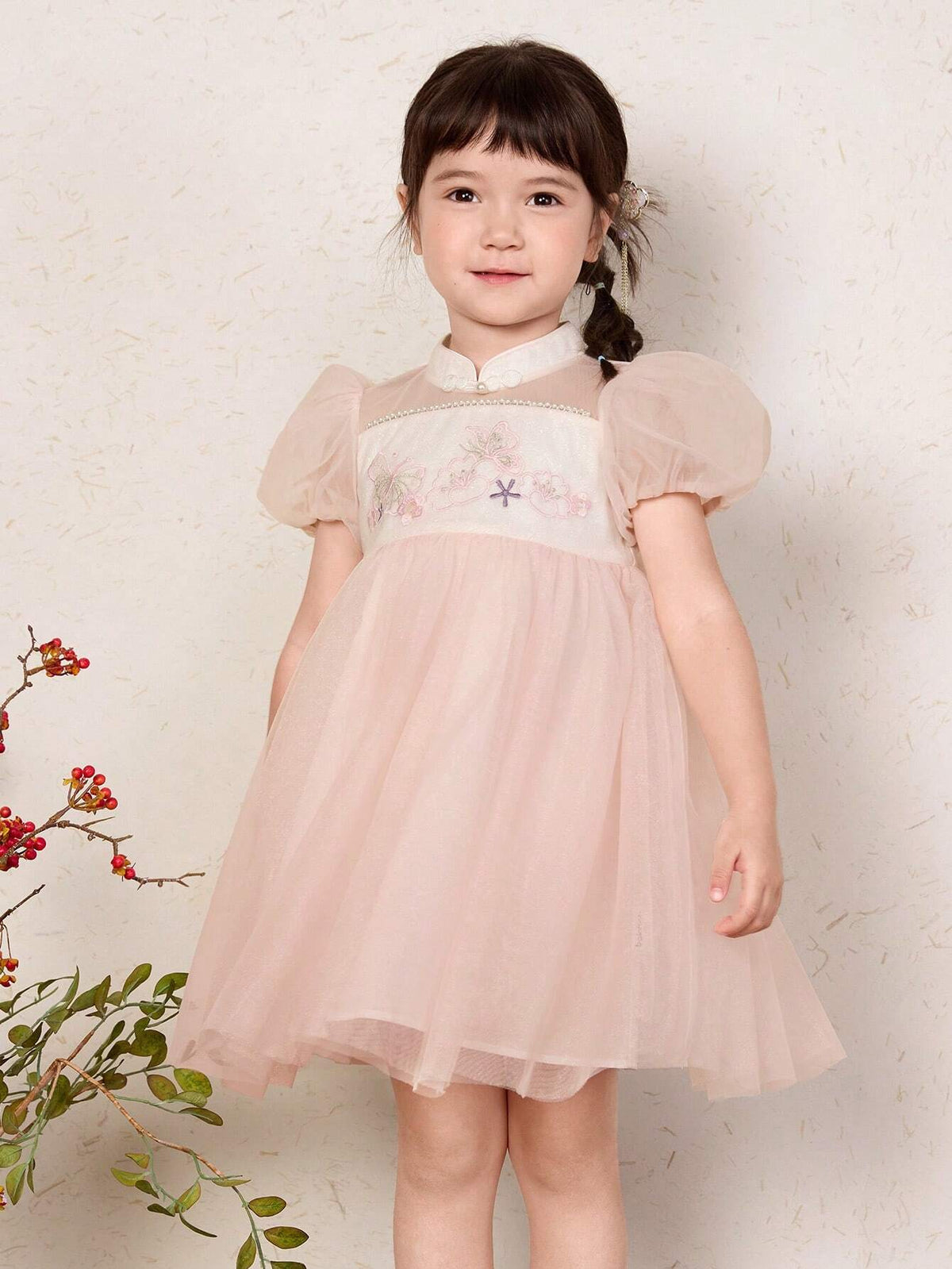 Balabala Girls' Dress Princess Dress 2024 New Summer Children's Dress Chinese Style Cheongsam Dress Mesh Skirt