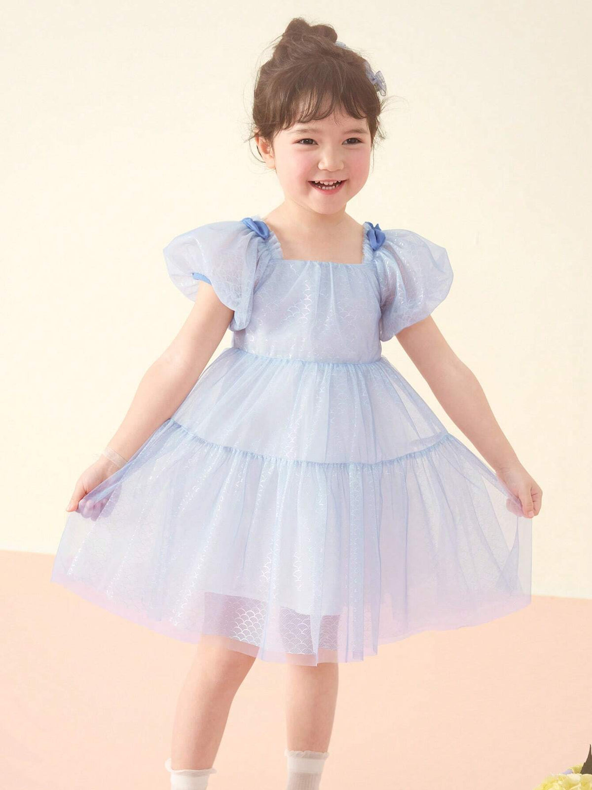 Balabala Girls' Princess Dress Children's Dress 2024 Summer Sweet Bubble Sleeve Mesh Skirt