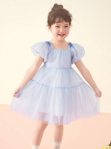 Balabala Girls' Princess Dress Children's Dress 2024 Summer Sweet Bubble Sleeve Mesh Skirt