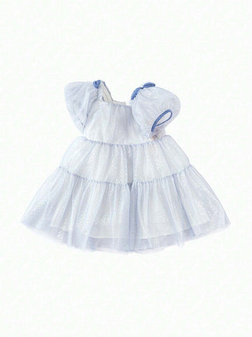 Balabala Girls' Princess Dress Children's Dress 2024 Summer Sweet Bubble Sleeve Mesh Skirt