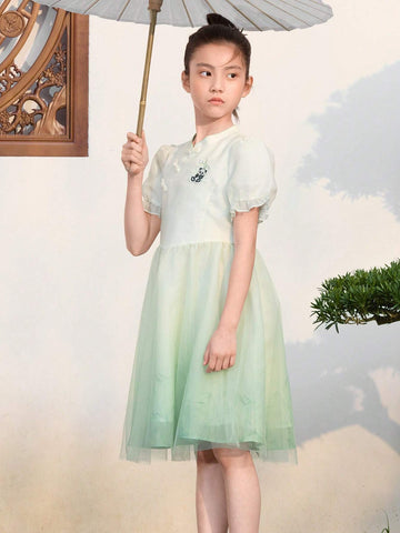 Balabala Kids' Dress 2024 New Summer Large Girls' Dress Chinese Style Mesh Skirt Sweet Bubble Sleeve