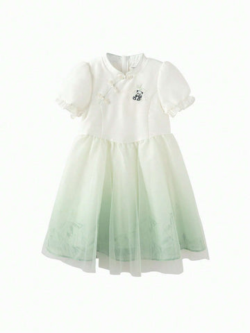 Balabala Kids' Dress 2024 New Summer Large Girls' Dress Chinese Style Mesh Skirt Sweet Bubble Sleeve