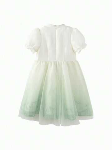 Balabala Kids' Dress 2024 New Summer Large Girls' Dress Chinese Style Mesh Skirt Sweet Bubble Sleeve