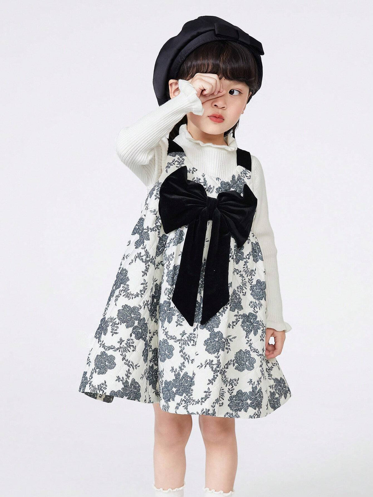 Balabala Kids's Dress, Girls' Autumn Dress, Fashionable Butterfly Knot, Printed Sleeveless Dress, Stylish And Trendy Suspender Skirt