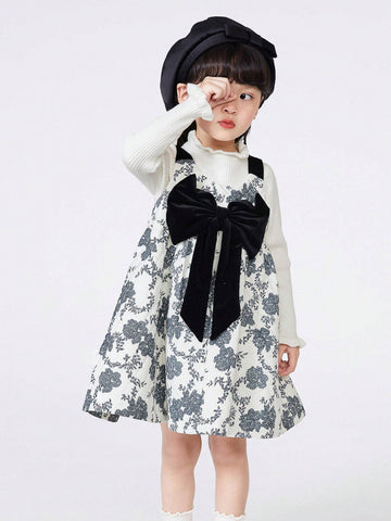 Balabala Kids's Dress, Girls' Autumn Dress, Fashionable Butterfly Knot, Printed Sleeveless Dress, Stylish And Trendy Suspender Skirt