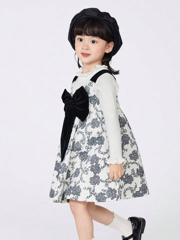 Balabala Kids's Dress, Girls' Autumn Dress, Fashionable Butterfly Knot, Printed Sleeveless Dress, Stylish And Trendy Suspender Skirt