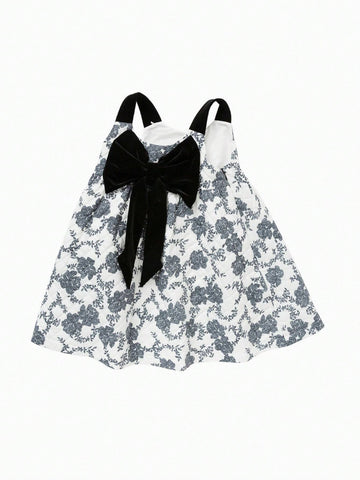 Balabala Kids's Dress, Girls' Autumn Dress, Fashionable Butterfly Knot, Printed Sleeveless Dress, Stylish And Trendy Suspender Skirt