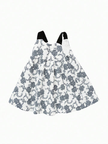 Balabala Kids's Dress, Girls' Autumn Dress, Fashionable Butterfly Knot, Printed Sleeveless Dress, Stylish And Trendy Suspender Skirt