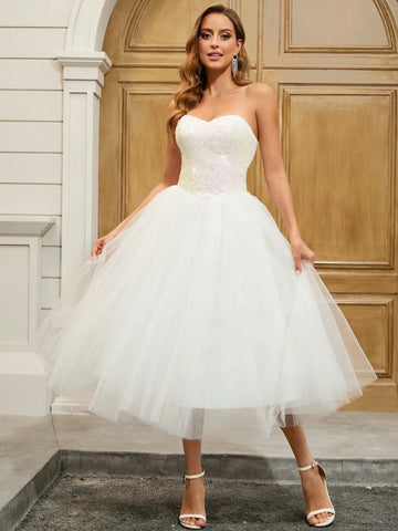 Ballet Style Sequin Contrast Mesh Strapless Wedding Gown, Party Dress