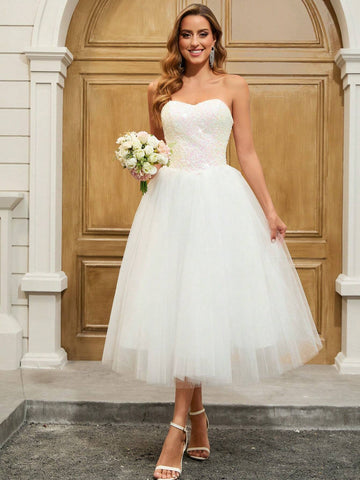 Ballet Style Sequin Contrast Mesh Strapless Wedding Gown, Party Dress