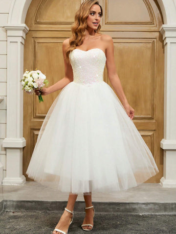 Ballet Style Sequin Contrast Mesh Strapless Wedding Gown, Party Dress