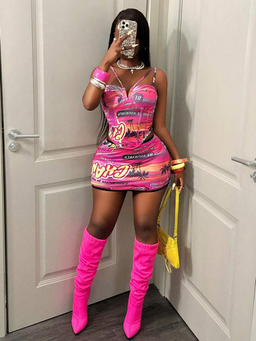 BamGleam 2025 New Summer Women's Printed Strappy Sexy Outfit With Low-Waist Mini Skirt, Casual Sportswear Set, Vibrant Colors.