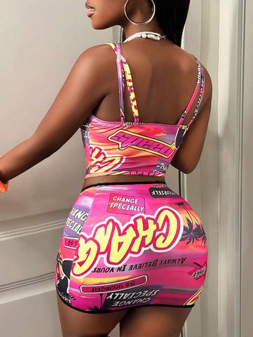 BamGleam 2025 New Summer Women's Printed Strappy Sexy Outfit With Low-Waist Mini Skirt, Casual Sportswear Set, Vibrant Colors.