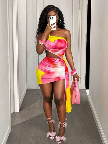 BamGleam 2025 Women Spring And Summer New Suspender Oblique Shoulder Hollowed-Out Asymmetrical Streamer Bag Buttock Tight Short Dress, Suitable For Holiday Seaside Play