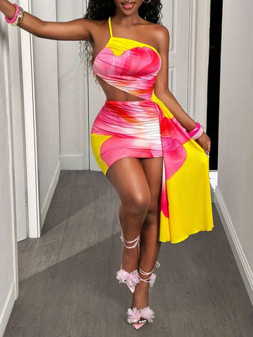 BamGleam 2025 Women Spring And Summer New Suspender Oblique Shoulder Hollowed-Out Asymmetrical Streamer Bag Buttock Tight Short Dress, Suitable For Holiday Seaside Play