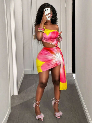 BamGleam 2025 Women Spring And Summer New Suspender Oblique Shoulder Hollowed-Out Asymmetrical Streamer Bag Buttock Tight Short Dress, Suitable For Holiday Seaside Play