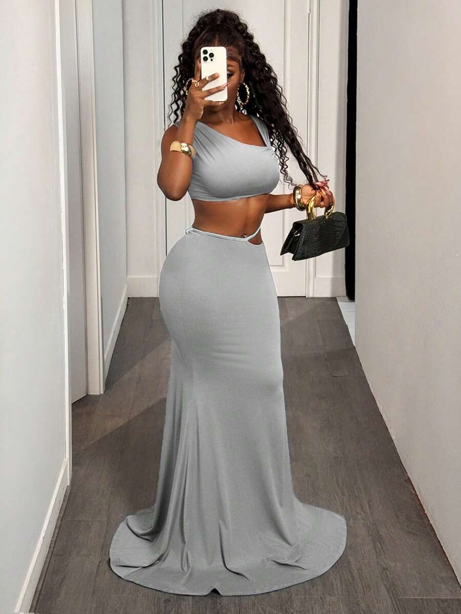 BamGleam 2pcs Women Solid Color Elegant Cropped Top And Hollow Out Extra Long Skirt Set