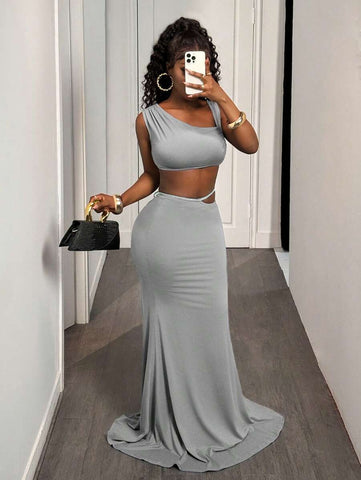 BamGleam 2pcs Women Solid Color Elegant Cropped Top And Hollow Out Extra Long Skirt Set