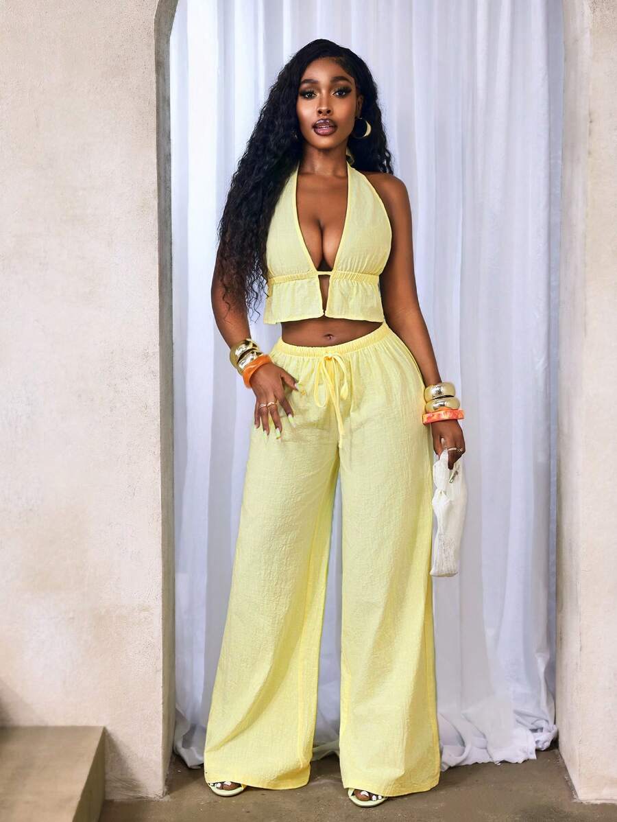 BamGleam Casual-Vacation Casual Summer Women's New 2-Piece Set Women's Casual Milky Yellow Cotton Soft Fabric Suspenders Sexy Hanging Neck Lacing Backless Sleeveless Vest And Low-Waist Casual Trousers Set, Seaside Vacation Set