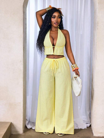BamGleam Casual-Vacation Casual Summer Women's New 2-Piece Set Women's Casual Milky Yellow Cotton Soft Fabric Suspenders Sexy Hanging Neck Lacing Backless Sleeveless Vest And Low-Waist Casual Trousers Set, Seaside Vacation Set