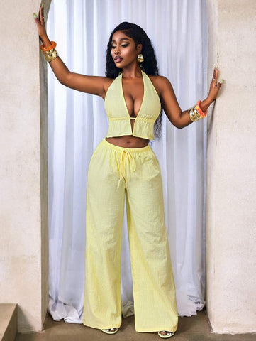 BamGleam Casual-Vacation Casual Summer Women's New 2-Piece Set Women's Casual Milky Yellow Cotton Soft Fabric Suspenders Sexy Hanging Neck Lacing Backless Sleeveless Vest And Low-Waist Casual Trousers Set, Seaside Vacation Set