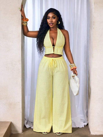 BamGleam Casual-Vacation Casual Summer Women's New 2-Piece Set Women's Casual Milky Yellow Cotton Soft Fabric Suspenders Sexy Hanging Neck Lacing Backless Sleeveless Vest And Low-Waist Casual Trousers Set, Seaside Vacation Set