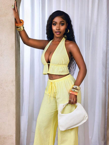 BamGleam Casual-Vacation Casual Summer Women's New 2-Piece Set Women's Casual Milky Yellow Cotton Soft Fabric Suspenders Sexy Hanging Neck Lacing Backless Sleeveless Vest And Low-Waist Casual Trousers Set, Seaside Vacation Set