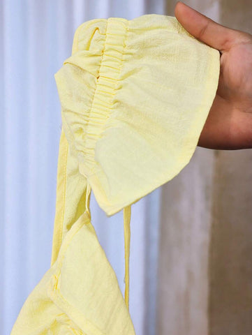 BamGleam Casual-Vacation Casual Summer Women's New 2-Piece Set Women's Casual Milky Yellow Cotton Soft Fabric Suspenders Sexy Hanging Neck Lacing Backless Sleeveless Vest And Low-Waist Casual Trousers Set, Seaside Vacation Set
