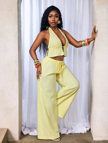 BamGleam Casual-Vacation Casual Summer Women's New 2-Piece Set Women's Casual Milky Yellow Cotton Soft Fabric Suspenders Sexy Hanging Neck Lacing Backless Sleeveless Vest And Low-Waist Casual Trousers Set, Seaside Vacation Set