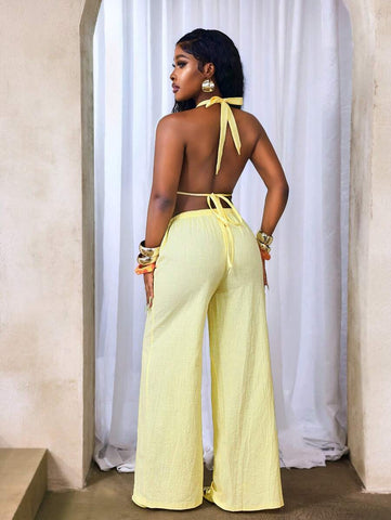 BamGleam Casual-Vacation Casual Summer Women's New 2-Piece Set Women's Casual Milky Yellow Cotton Soft Fabric Suspenders Sexy Hanging Neck Lacing Backless Sleeveless Vest And Low-Waist Casual Trousers Set, Seaside Vacation Set