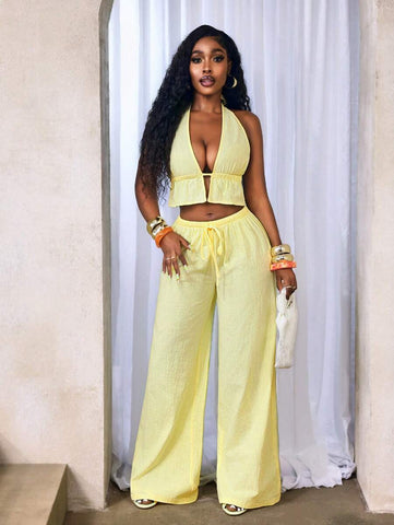 BamGleam Casual-Vacation Casual Summer Women's New 2-Piece Set Women's Casual Milky Yellow Cotton Soft Fabric Suspenders Sexy Hanging Neck Lacing Backless Sleeveless Vest And Low-Waist Casual Trousers Set, Seaside Vacation Set