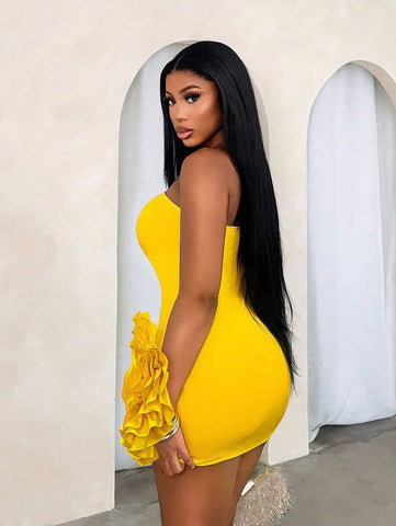 BamGleam Sexy Strapless Floral 3D Decorated Mini Bandage Bodycon Dress For Party, Elegant Cocktail Semi Formal Prom Dress, For Birthday, Wedding Guest, Graduation, Dinner, Homecoming New Year Eve