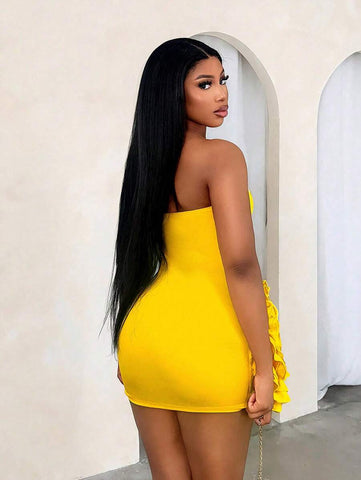 BamGleam Sexy Strapless Floral 3D Decorated Mini Bandage Bodycon Dress For Party, Elegant Cocktail Semi Formal Prom Dress, For Birthday, Wedding Guest, Graduation, Dinner, Homecoming New Year Eve