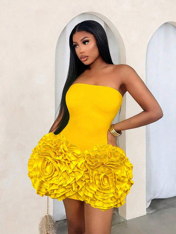 BamGleam Sexy Strapless Floral 3D Decorated Mini Bandage Bodycon Dress For Party, Elegant Cocktail Semi Formal Prom Dress, For Birthday, Wedding Guest, Graduation, Dinner, Homecoming New Year Eve