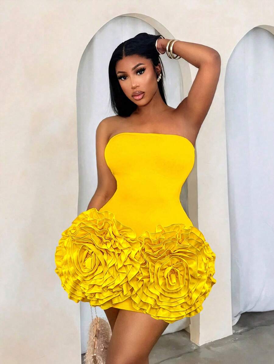 BamGleam Sexy Strapless Floral 3D Decorated Mini Bandage Bodycon Dress For Party, Elegant Cocktail Semi Formal Prom Dress, For Birthday, Wedding Guest, Graduation, Dinner, Homecoming New Year Eve