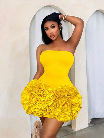 BamGleam Sexy Strapless Floral 3D Decorated Mini Bandage Bodycon Dress For Party, Elegant Cocktail Semi Formal Prom Dress, For Birthday, Wedding Guest, Graduation, Dinner, Homecoming New Year Eve