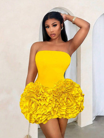 BamGleam Sexy Strapless Floral 3D Decorated Mini Bandage Bodycon Dress For Party, Elegant Cocktail Semi Formal Prom Dress, For Birthday, Wedding Guest, Graduation, Dinner, Homecoming New Year Eve