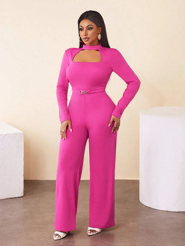 BamGleam Shien Slayr Stretch Round Neck Long Sleeves Jumpsuit-Magenta