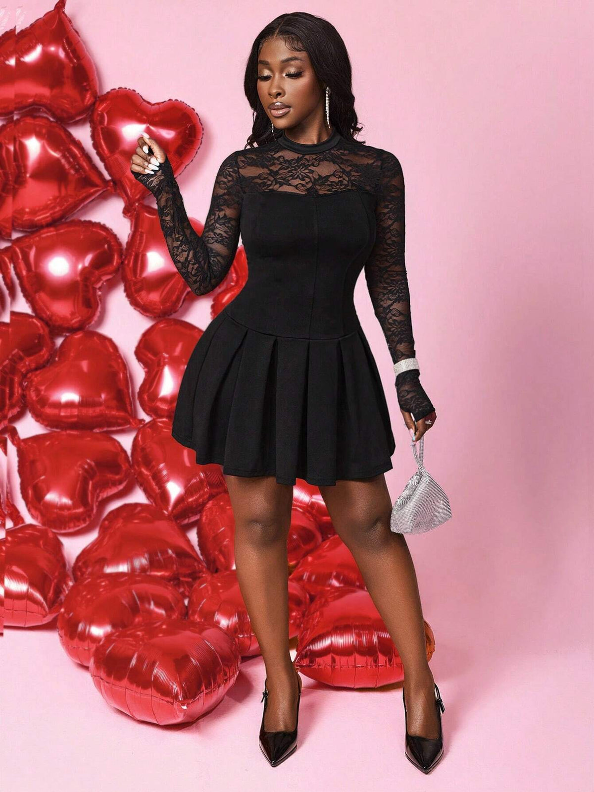 BamGleam Women Simple Lace Patchwork Long Sleeve Casual Short Dress