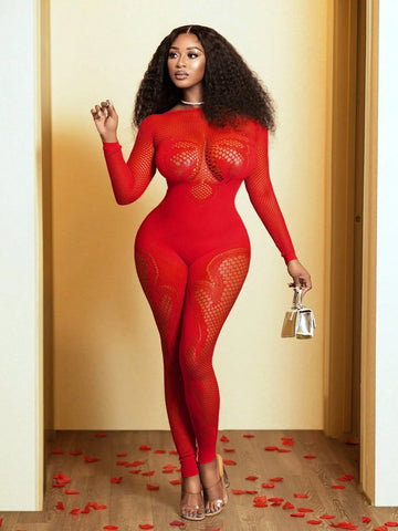 BamGleam Women Solid Color Long Sleeve Simple Casual Tight-Fitting Hollow-Out Jacquard Jumpsuit