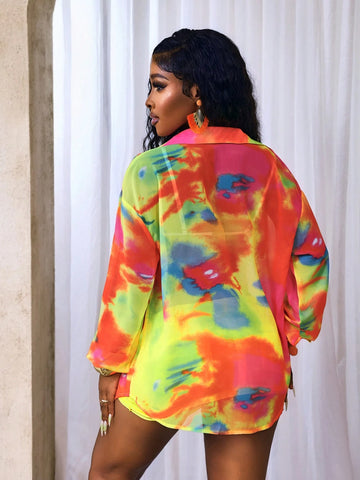 Women's Batik Print Drop Shoulder Long Sleeve Single Breasted Fashion Shirt