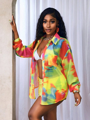 Women's Batik Print Drop Shoulder Long Sleeve Single Breasted Fashion Shirt