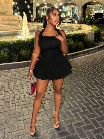 BamGleam Women's Elegant Sexy Solid Color Halter Mini Dress